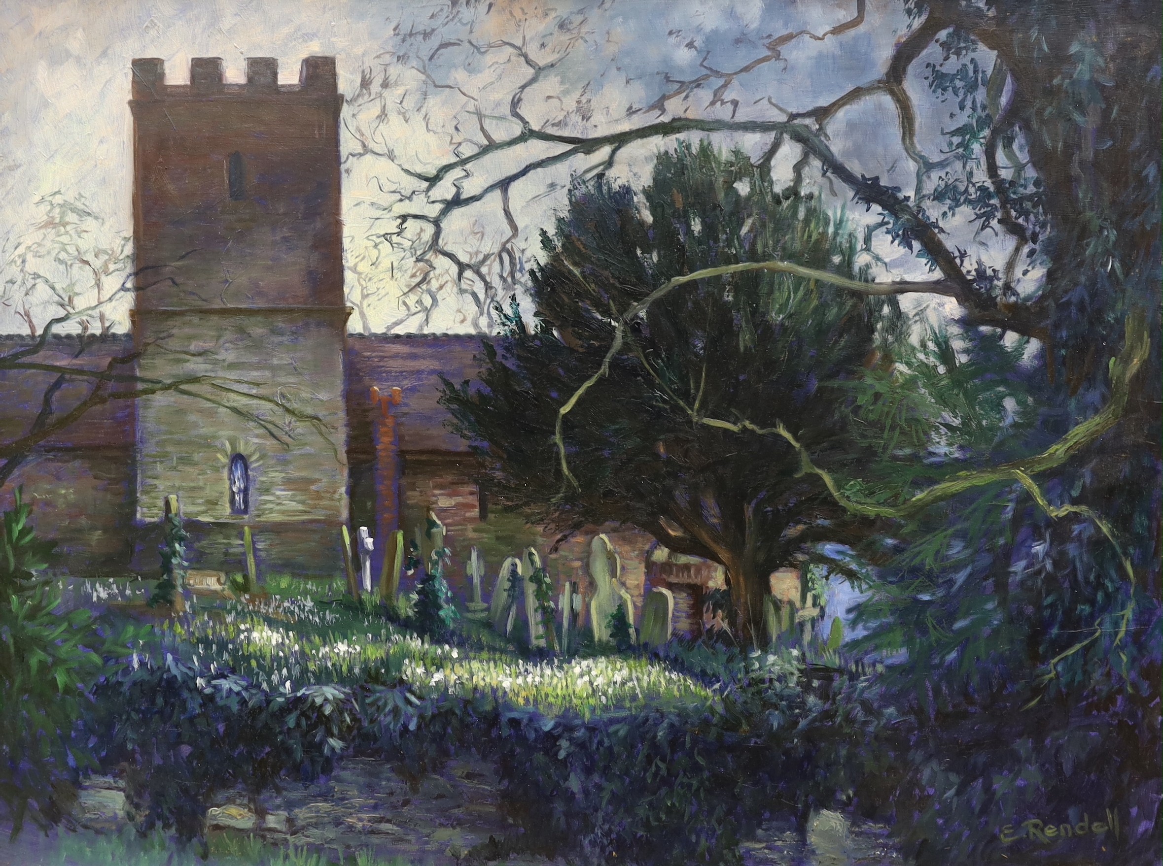 Frank Galsworthy (1863-1959), watercolour, 'Primula Wulfeniana', signed and dated 1934, 26 x 36cm and Elizabeth Rendell Kerr, oil on board, 'Bredwardine Church with Kilvert's Grave', signed, 44 x 60cm